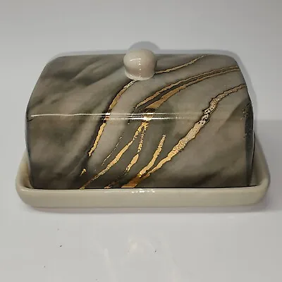 Vintage Marbled Stoneware 1 Pound Butter Dish With Lid - SHIPS FREE - Unbranded • $34.98