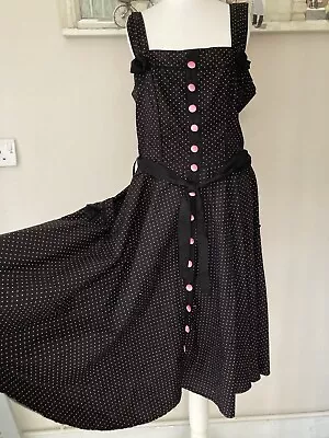 Hell Bunny Black Gery 50’s Midi Dress Rockabilly Pink Polka Dot And Buttons XL • £19.99