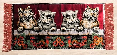 Vintage Italian Made Tapestry 4 Kittens On A Fence Red Background Wall Hanging • $45