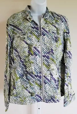 CHICO'S Teal Olive Purple PRINT Zip Up JACKET Shirt Top 2 L Business Casual 44  • £16.89