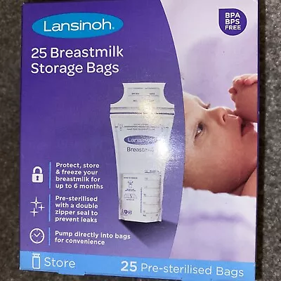 Pack Of 25 Breast Milk Storage Bags Leak Proof Breastmilk Pouches Lansinoh NEW • £4.99