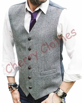 Mens Wool Blend Tweed Black & White Grey Herringbone  Waistcoat Vest  M L Xl Xxl • $45.97