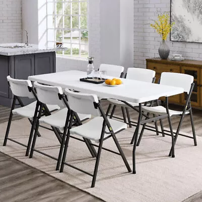 6 Foot Fold-in-Half Camping Dining Table Seats 6 Adults 170 Lbs Capacity White • $69.76