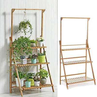 Heavy Duty Bamboo Ladder Plant Stand 3 Tier Foldable Flower Display Shelf Rack • £23.93