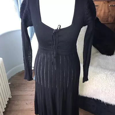 Miss Sixty Black Wool Mix Long Sleeved Sweetheart Neck Pleated Midi Dress M • £25