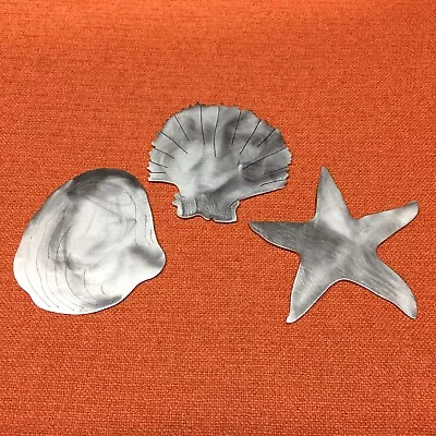 Vintage Sea Shells Brushed Metal Hand Crafted Art Display Coaster Set Of 3 • $45