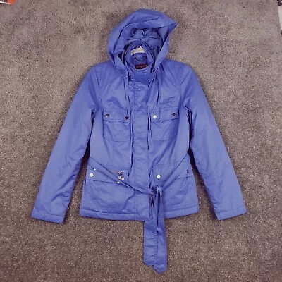 Merona Jacket Medium M Womens Blue / Lt Purple Zip Away Hood Belted Raincoat • $15.16