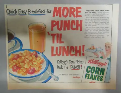 Kellogg's Cereal Ad: Corn Flakes More Punch Till Lunch ! 1951 7.5 X 10 Inches • £9.65