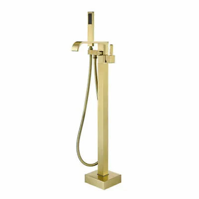 Brushed Gold Floor Mount Freestanding Bath Tub Filler Shower Unit Handheld Spary • $238