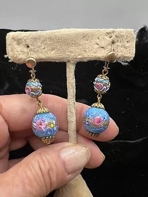 Vintage Italian GLASS Floral WEDDING CAKE BEAD Pierced Dangle EARRINGS Turquoise • $29