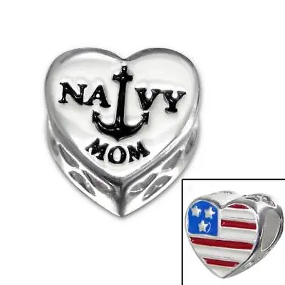 .925 Sterling Silver  Heart  American Flag Navy Mom   Charm Spacer Bead For Snak • $19.95