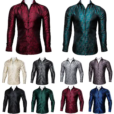 Mens Shirt Dark Blue Paisley Slim Fit Button Down Long Sleeve Silk Shirt Wedding • £19.99