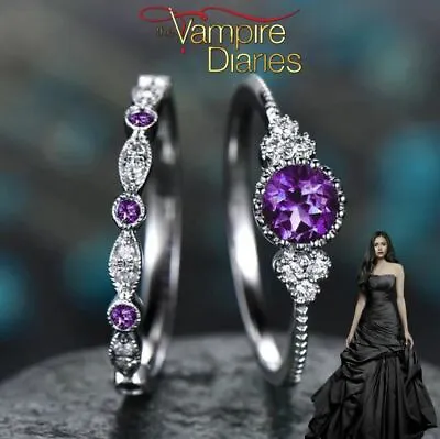 The Vampire Diaries Elena Gilbert Amethyst/Zirconia Silver Finish Twin Ring Set • £7.95