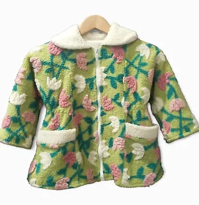 Corky & Company Jacket Girls Size 4 Floral Green Plush Fleece Wool Blend  Zip  • $24.99