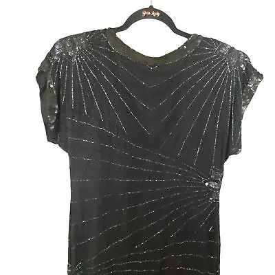 Vintage Laurence Kazer Black Long Evening Gown Beaded Details Short Sleeve Sz Lg • $161.20