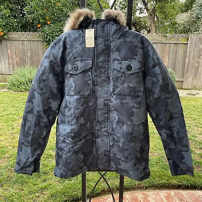 New ROYAL MATRIX Blue Leaf Camo Faux Fur Trim Hooded Down Parka Jacket Coat Sz S • $49.95