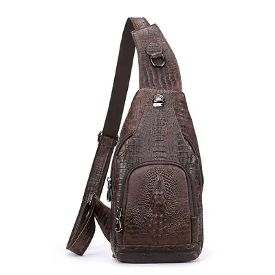 Genuine Leather Sling Backpack Crocodile Pattern Daypack Brown Crossbody Bags • $40.84