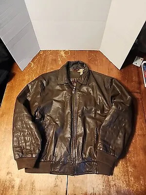 VTG St. Johns Bay Leather Bomber Jacket  L -Map Lining! Brown Perfect Pre-Owned • $60