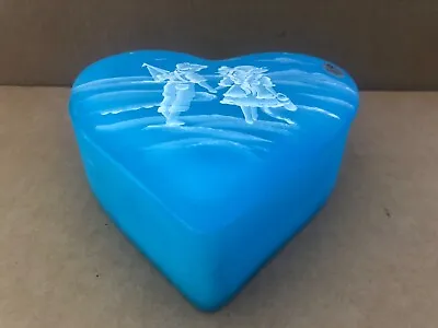 Gorgeous FENTON GLASS Mary Gregory HAND PAINTED Heart Shaped Trinket Box Blue Op • $59.99