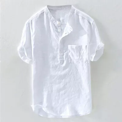 Mens Short Sleeve Linen Cotton Shirts Summer Beach Soft Loose Tops Shirt Tee❀ • $10.73