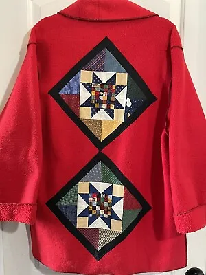 VTG 90’s Maralyce Ferree Red Fleece Open Waterfall Cardigan Quilt Appliqué Large • $41.46