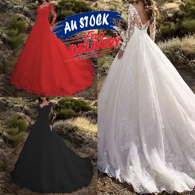 Women Vintage Long Sleeve Hollow Dresses Sweet Lace Bridals Gown Wedding Dress • $27.28