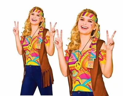 Ladies COOL HIPPIE Hippy Fancy Dress Adult Psychedelic Costume UK Size 10-20 • £13.75