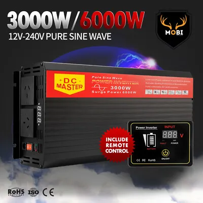 MOBI Pure Sine Wave Power Inverter 3000W 6000W 12V To 230V USB Caravan Boat • $249.95