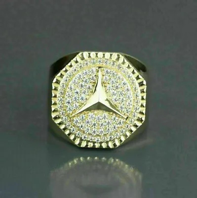 Men's Engagement Mercedes Sign Ring 2Ct Created Diamond 14K Yellow Gold Plated • $159.71