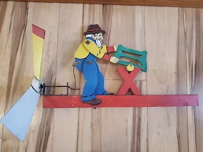 Vintage Folk Art Whirligig Man Sawing Wood Crosscut Saw Colorful Wooden Handmade • $54.99