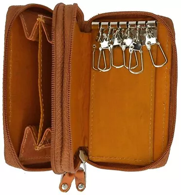Genuine Leather Men's Key Holder Double Zip Around 6 Key Chain Wallet Case Tan • $10.99