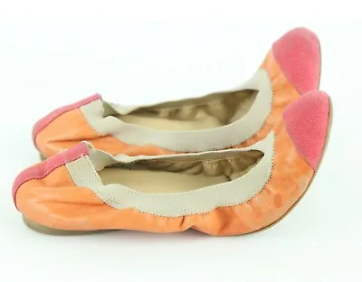 J Crew Mila Pink Canvas Orange Leather Cap Toe Ballet Flats Slip On Shoes 7.5 • $15.40