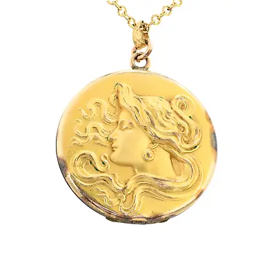 Antique Art Nouveau Gold Filled Lady Repoussé Photo Locket Pendant Necklace • $255