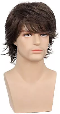 Quality Sleek Men Wig Natural Fluffy Outwardly Curly Dark Brown Wig • £7.39