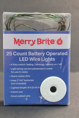 Merry Brite 25 Ct Battery Operated Warm White LED Green Wire Fairy Lights 8 Feet • $12.98
