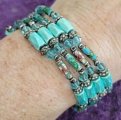 Bracelet Turquoise Magnetic Hematite 29  Barrel Beads & Crystal Beaded - Rare • $3.99