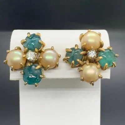 Signed Marvella Vintage Gold Tone Blue Glass Faux Pearl Rhinestone Earrings • $42