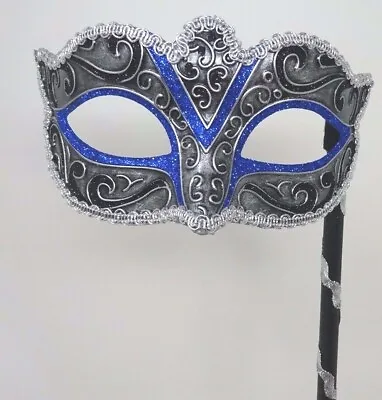 £13.99 • Buy Blue Silver & Black Hand Held Stick Venetian Masquerade Ball Carnival Eye Mask