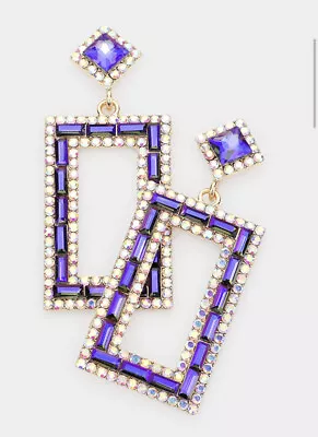 Purple Gold Ab Long Earrings Rhinestone Crystal Pageant Rectangle Dangle 2.75” • $17