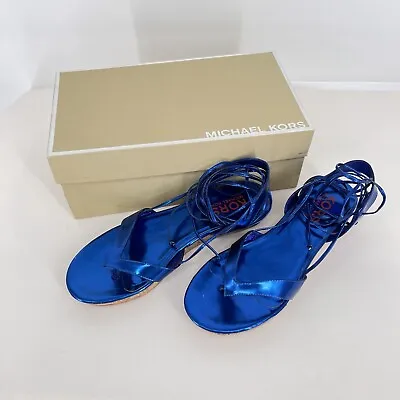 Metallic Blue Michael Kors Gladiator Sandals Tie Ankle Strap 8m Original Box • $50