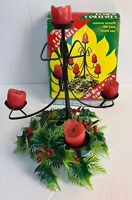 Vtg Wrought Iron Candelabra Christmas Holiday Plastic Greenery 1960 Orig Box  E1 • $33