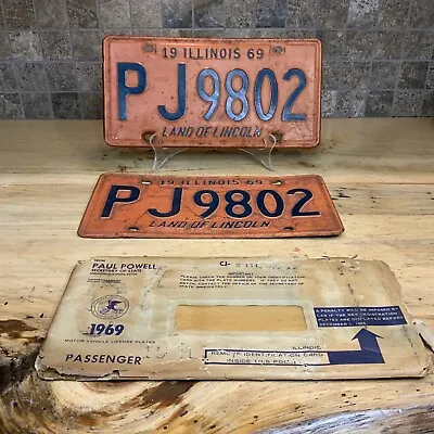 Vintage Orange Illinois 1969 License Plate Set Front Back”PJ9802”Land Of Lincoln • £24.07