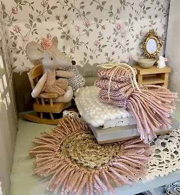 Mouse House Fringed Throw And Crochet Jute Rug For Maileg Handmade • £15