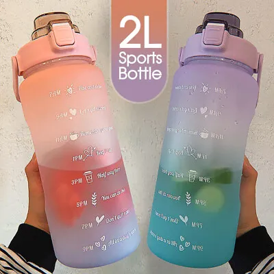 2L Sports Water Bottle Large Capacity Straw Time Motivational Fitness Jugs • $14.49