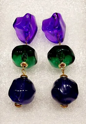 Lucite Chunky Pierced Earrings 3  Dangle Purple Green Blue Gold Tone NOS 1980's • $10