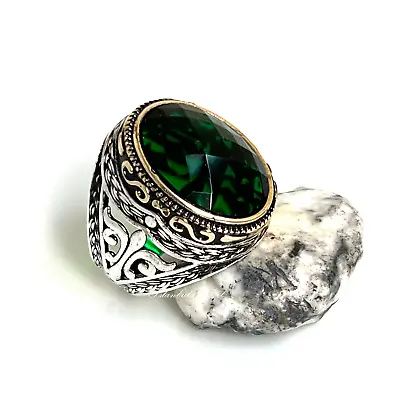 Mens Handmade Ring Turkish Handmade Emerald Ring Men Ring 925 Silver 5-16 • £55.98