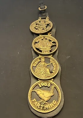 Horse Brass Martingale (4) Medallions Vintage Leather English Coins • $45