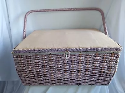 Large Vintage Pink Rectangular Wicker Sewing Basket  16x10x7 Dritz? • $18.18