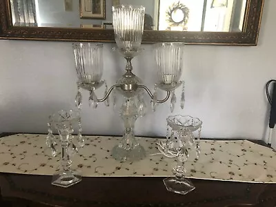 $49.99 • Buy Vintage Electric 3 Arm Crystal Candelabra With 2 Matching Candle Holders