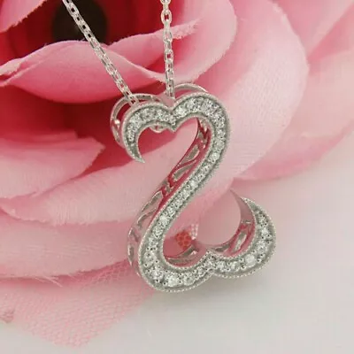 1.00 CT Open Heart Round Cut Diamond Pendant Necklace 14k White Gold Finish • $41.58